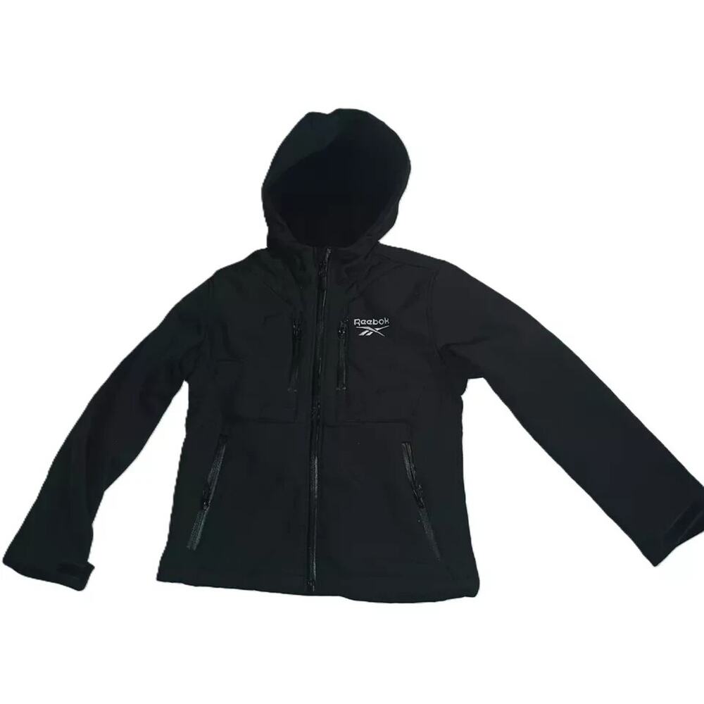 Reebok Boys Soft Shell Zip Up Hoodie Jacket Zipper Pockets Logo Black Sz 7 B002